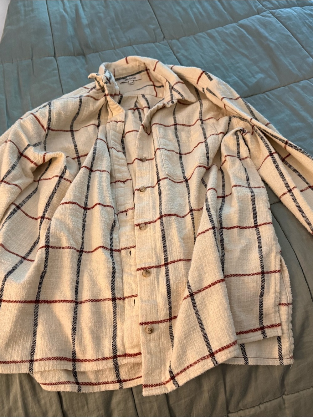 Madewell Cream Plaid Shirt Jacket with Navy and Rust Lines